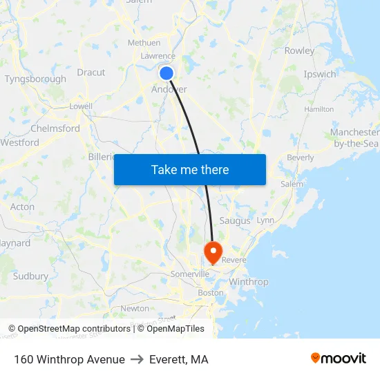 160 Winthrop Avenue to Everett, MA map