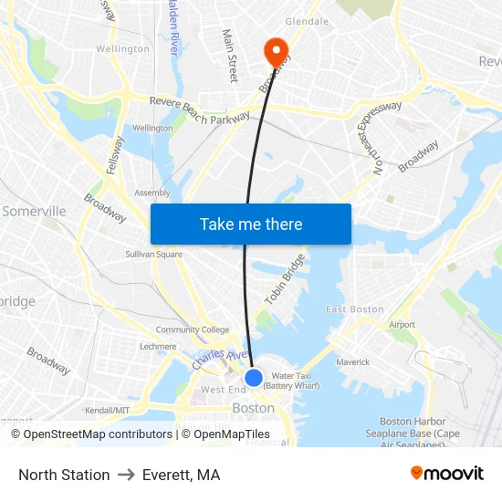 North Station to Everett, MA map