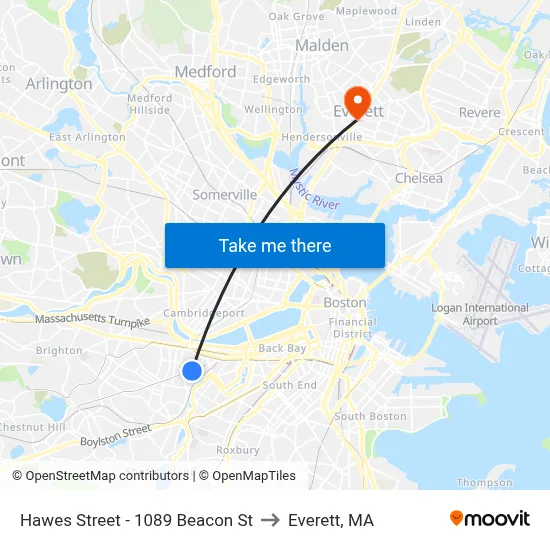 Hawes Street - 1089 Beacon St to Everett, MA map
