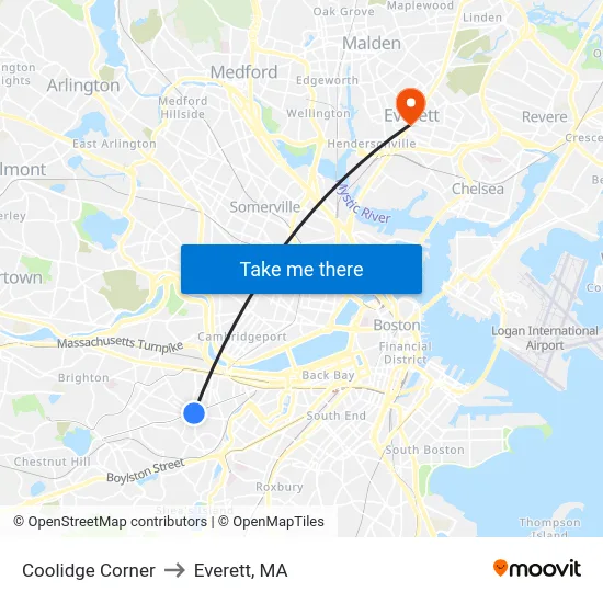 Coolidge Corner to Everett, MA map