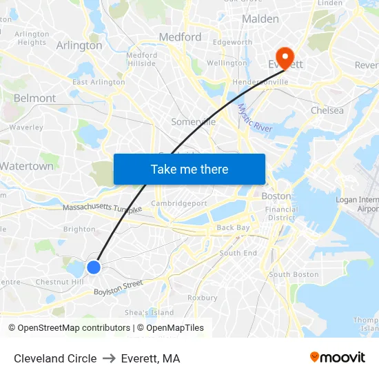 Cleveland Circle to Everett, MA map