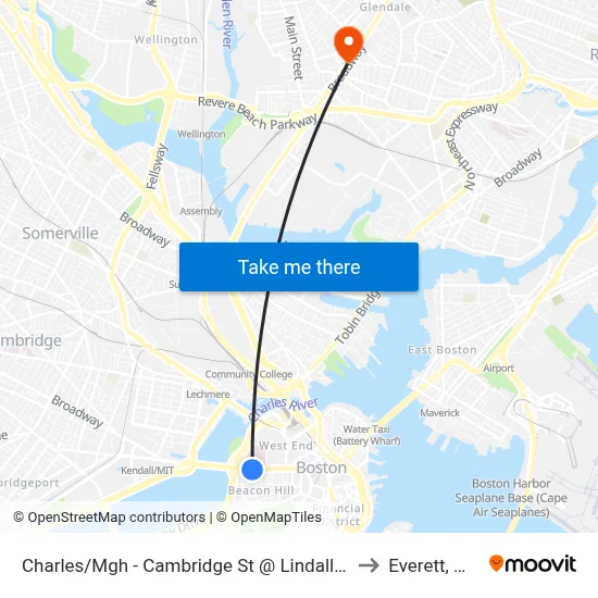 Charles/Mgh - Cambridge St @ Lindall Pl to Everett, MA map