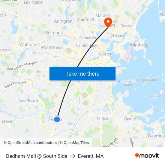 Dedham Mall @ South Side to Everett, MA map