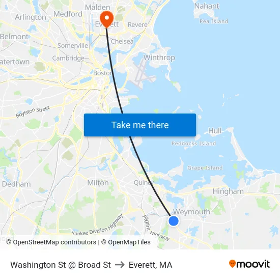 Washington St @ Broad St to Everett, MA map
