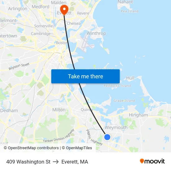 409 Washington St to Everett, MA map