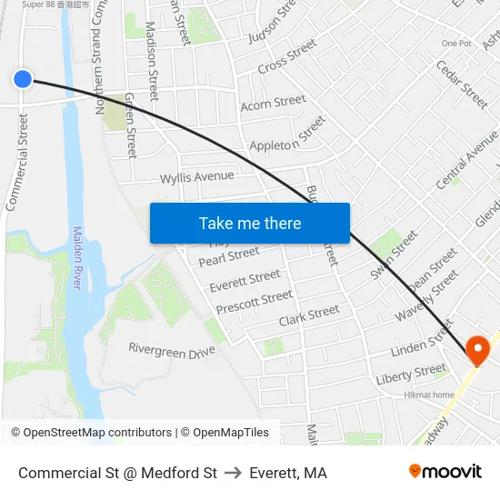 Commercial St @ Medford St to Everett, MA map