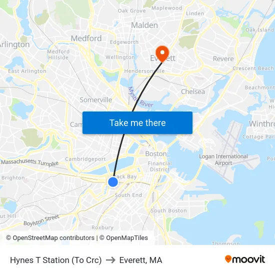Hynes T Station (To Crc) to Everett, MA map