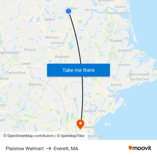 Plaistow Walmart to Everett, MA map
