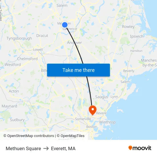 Methuen Square to Everett, MA map