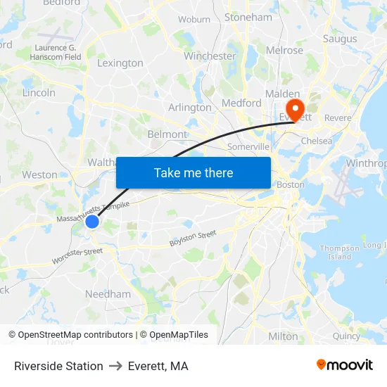 Riverside Station to Everett, MA map
