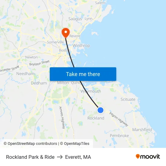 Rockland Park & Ride to Everett, MA map