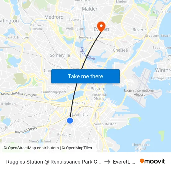 Ruggles Station @ Renaissance Park Garage to Everett, MA map