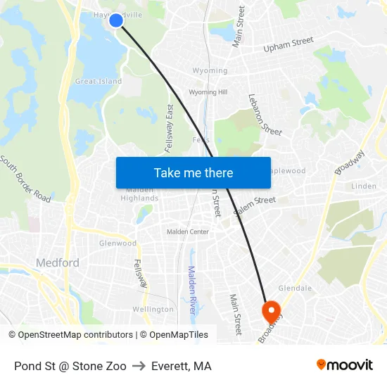 Pond St @ Stone Zoo to Everett, MA map