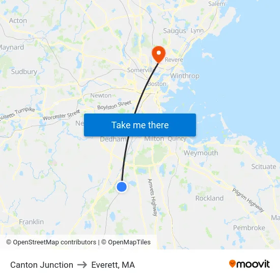 Canton Junction to Everett, MA map
