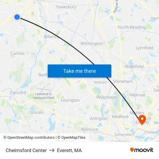 Chelmsford Center to Everett, MA map