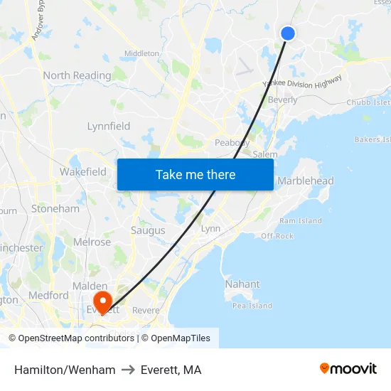 Hamilton/Wenham to Everett, MA map