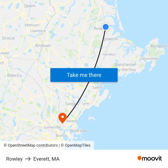 Rowley to Everett, MA map