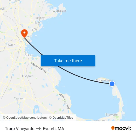 Truro Vineyards to Everett, MA map