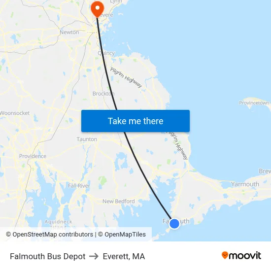 Falmouth Bus Depot to Everett, MA map