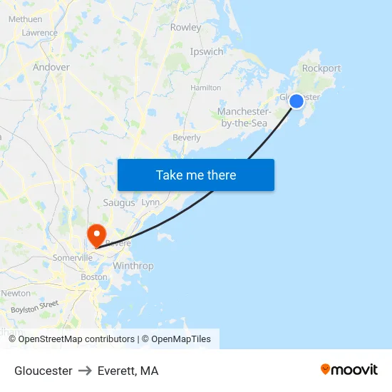 Gloucester to Everett, MA map