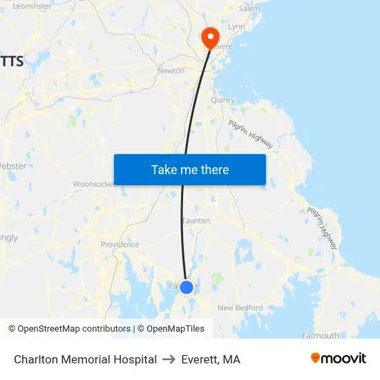 Charlton Memorial Hospital to Everett, MA map
