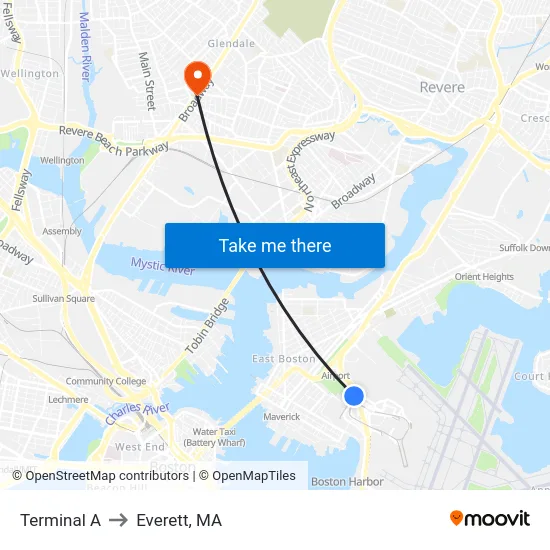 Terminal A to Everett, MA map