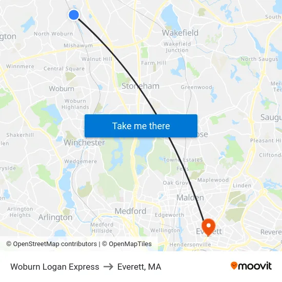 Woburn Logan Express to Everett, MA map