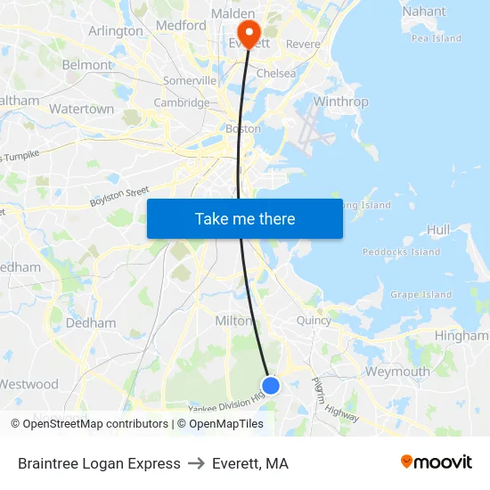 Braintree Logan Express to Everett, MA map