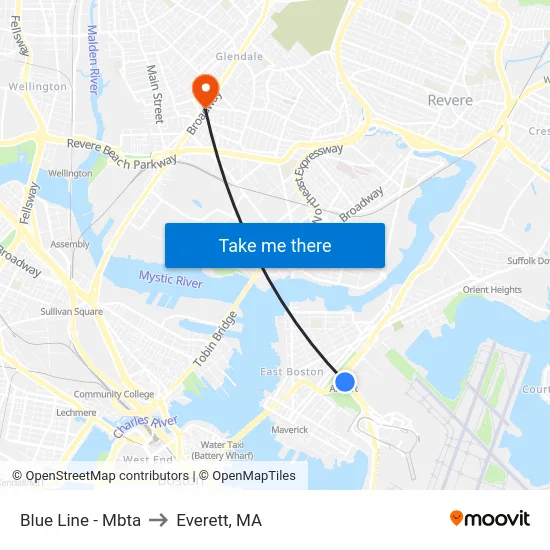 Blue Line - Mbta to Everett, MA map