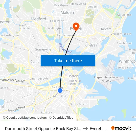 Dartmouth Street Opposite Back Bay Station to Everett, MA map