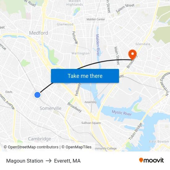 Magoun Station to Everett, MA map