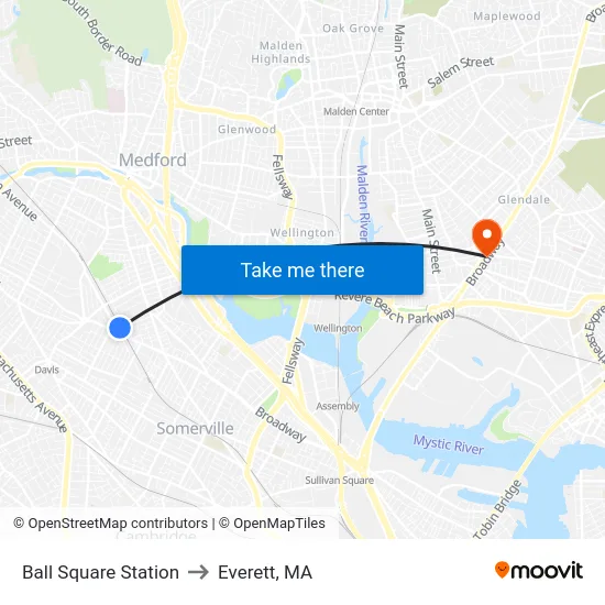 Ball Square Station to Everett, MA map