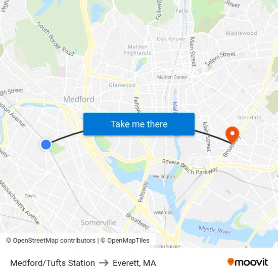 Medford/Tufts Station to Everett, MA map