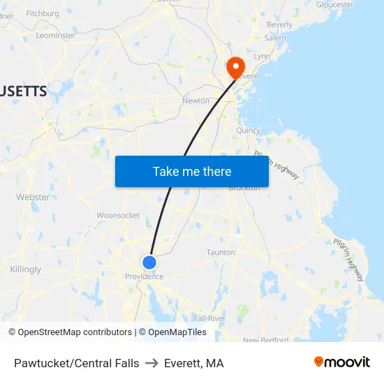 Pawtucket/Central Falls to Everett, MA map