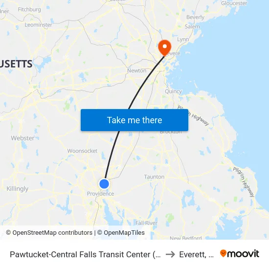 Pawtucket-Central Falls Transit Center (Stop B) to Everett, MA map