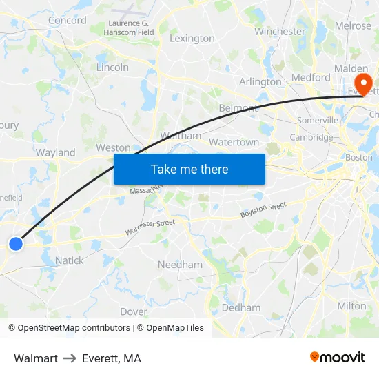 Walmart to Everett, MA map