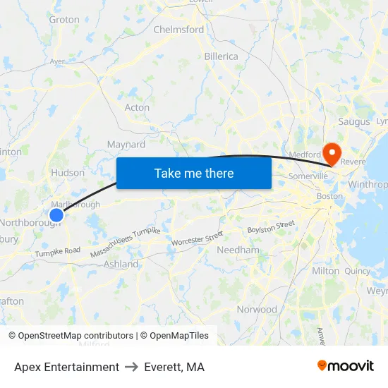 Apex Entertainment to Everett, MA map