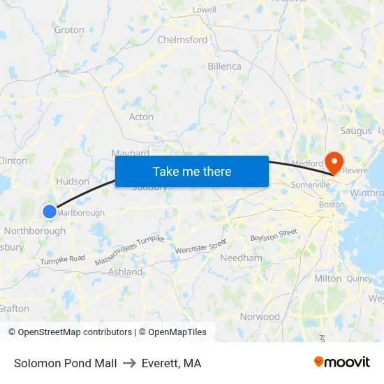 Solomon Pond Mall to Everett, MA map