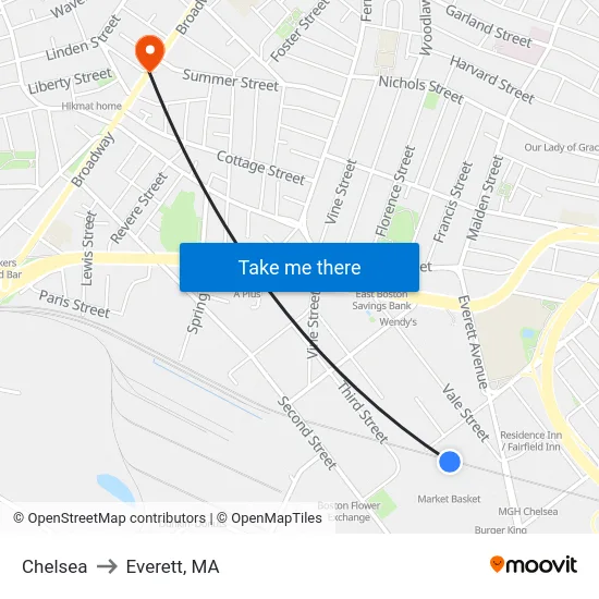 Chelsea to Everett, MA map