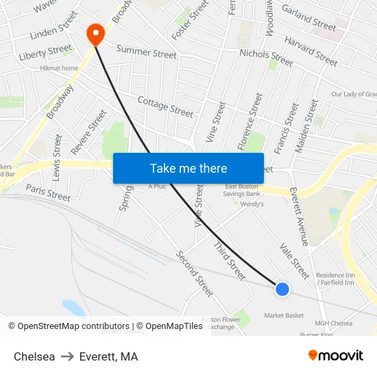 Chelsea to Everett, MA map