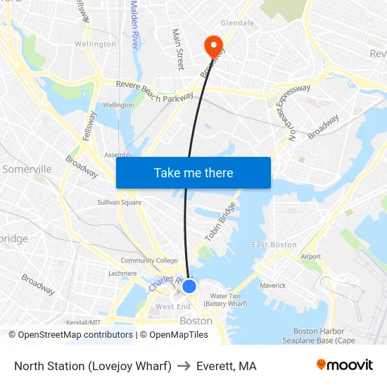 North Station (Lovejoy Wharf) to Everett, MA map