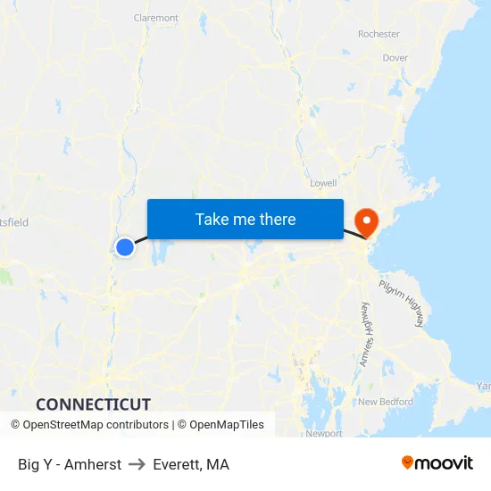 Big Y - Amherst to Everett, MA map
