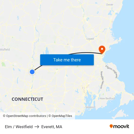Elm / Westfield to Everett, MA map