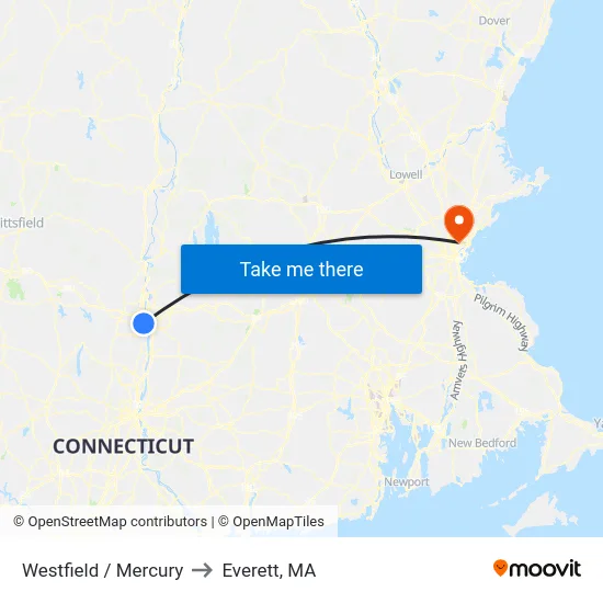 Westfield / Mercury to Everett, MA map