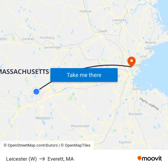 Leicester (W) to Everett, MA map