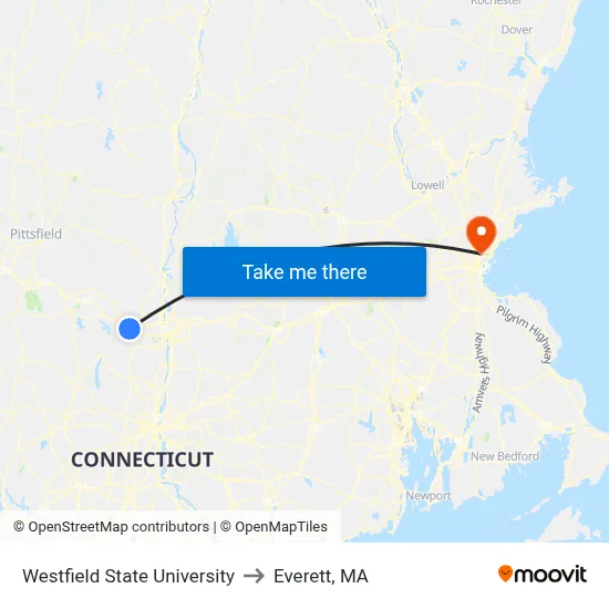 Westfield State University to Everett, MA map