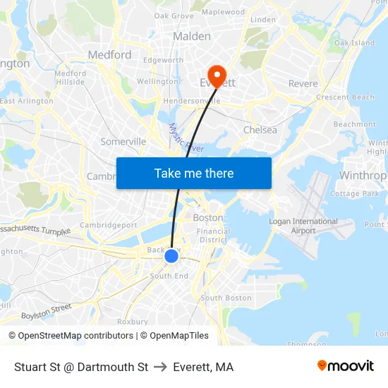 Stuart St @ Dartmouth St to Everett, MA map