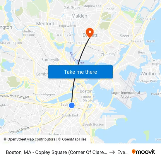 Boston, MA - Copley Square (Corner Of Clarendon St. & St. James Ave. In Front Of Trinity Church) to Everett, MA map