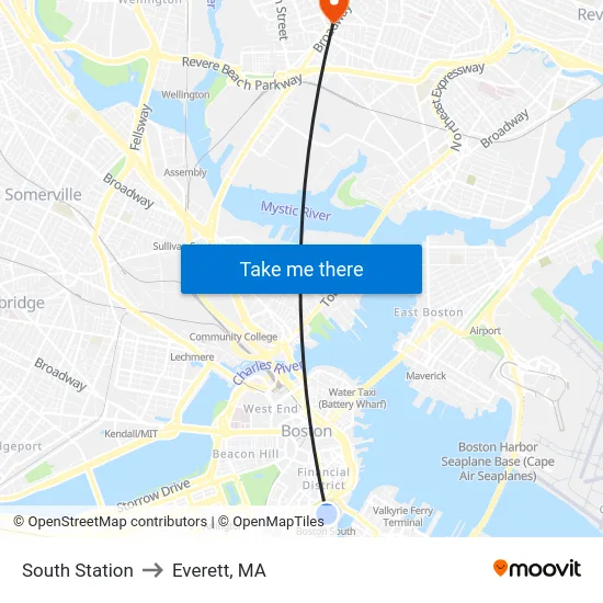 South Station to Everett, MA map