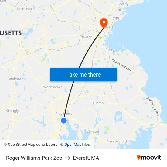 Roger Williams Park Zoo to Everett, MA map
